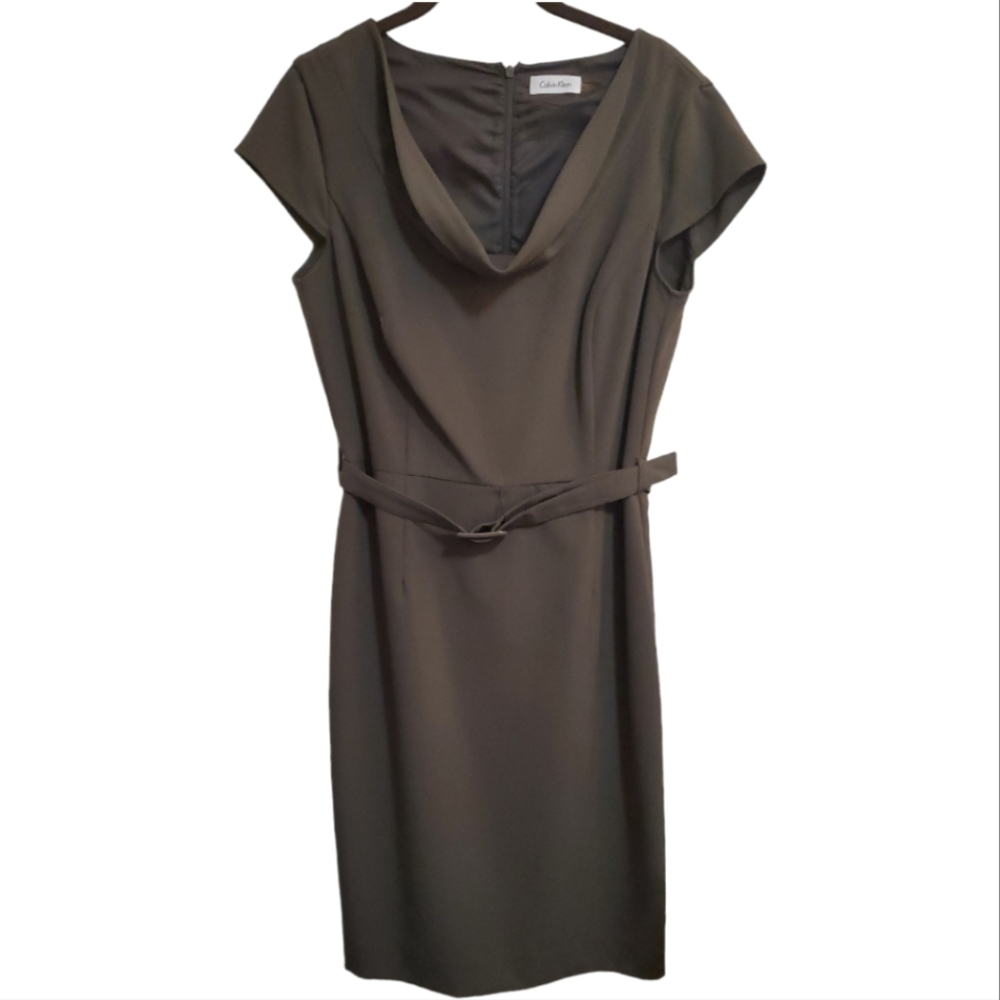 Calvin Klein Dress Womens Sz 8 Olive Green Cowl Neck Cap Sleeve Belted
